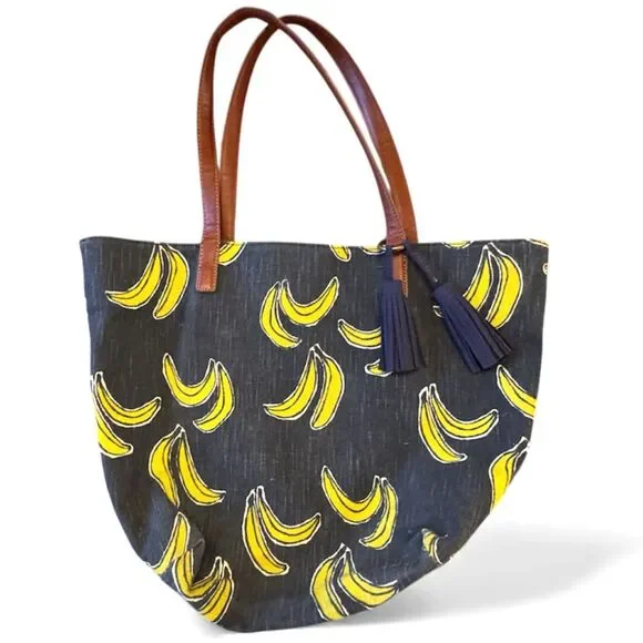 Lucky Brand Key West Dark Denim Blue Tote Bag Banana Print Tassels Purse Handbag - Picture 2 of 12